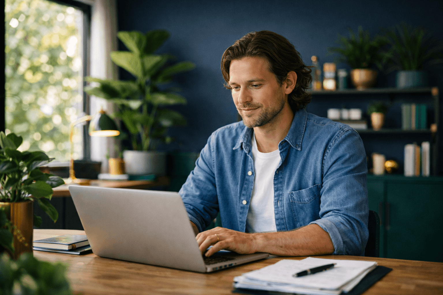 Focused professional working on financial planning on a laptop in a modern sunlit office