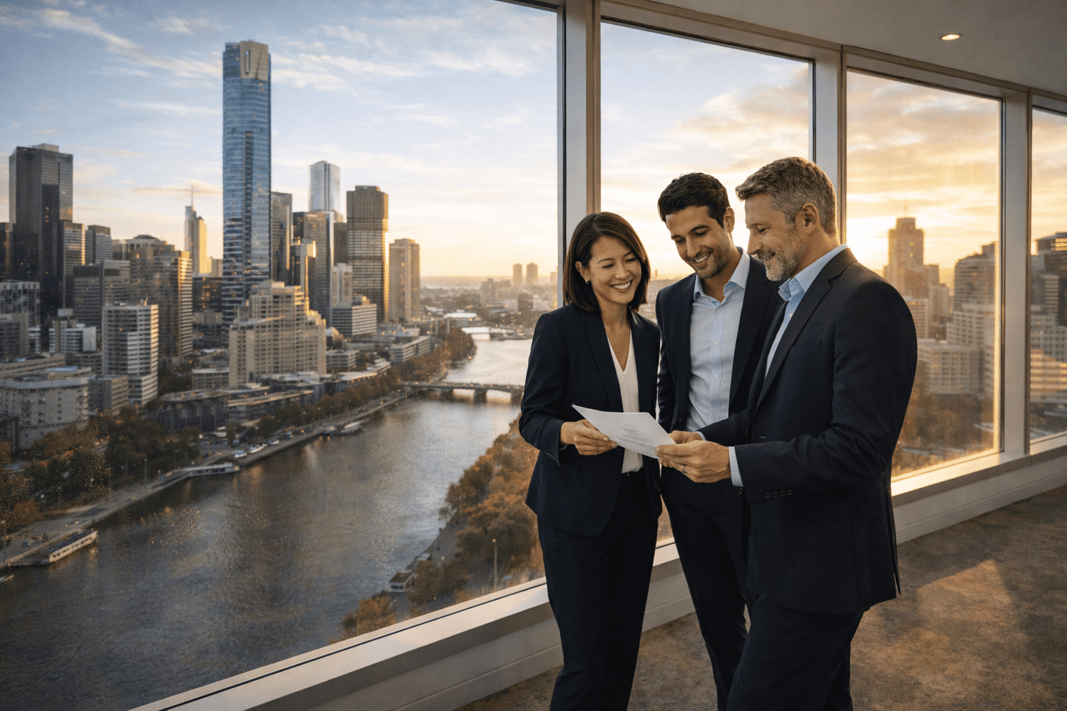 Numberz professional team in Melbourne office with city skyline view